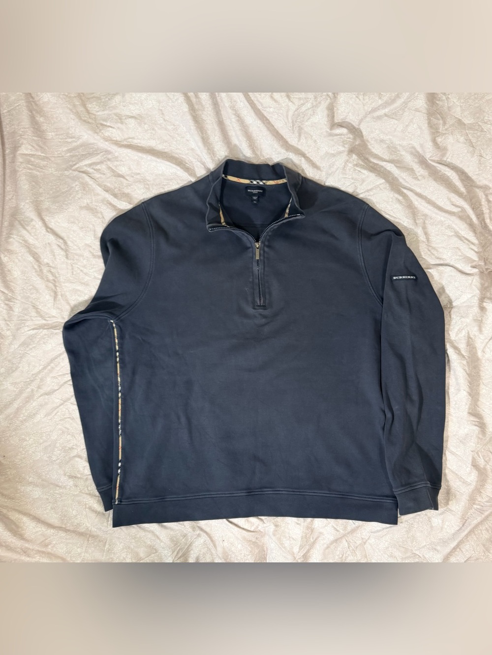 Burberry Golf Quarter Zip Sweatshirt Navy Blue Nova Check Plaid Trim Mens XL